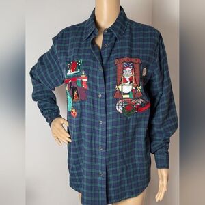 Christmas Themed Green and Blue Plaid Button Down Karen Scott Shirt Medium
